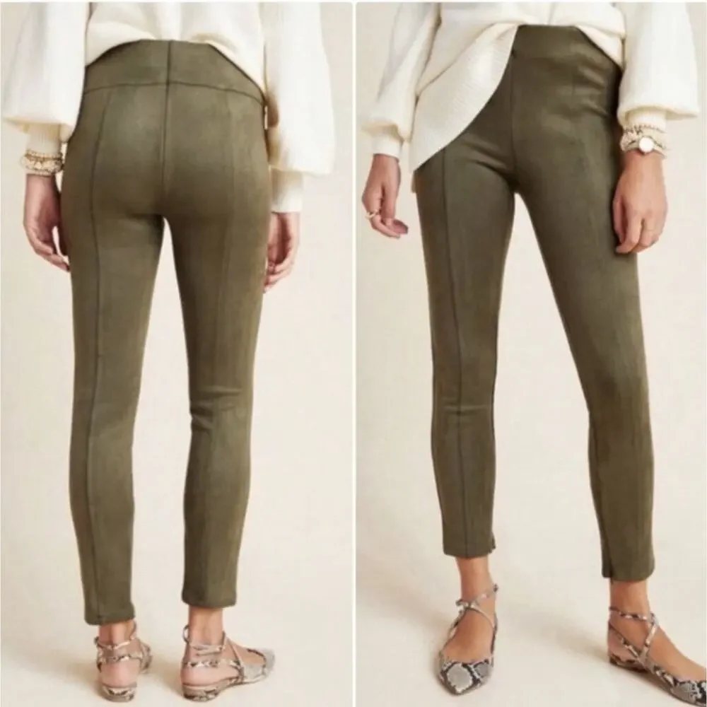 Anthropologie Women’s Olive Green Faux Suede Leggings Ankle Zip Pants 26